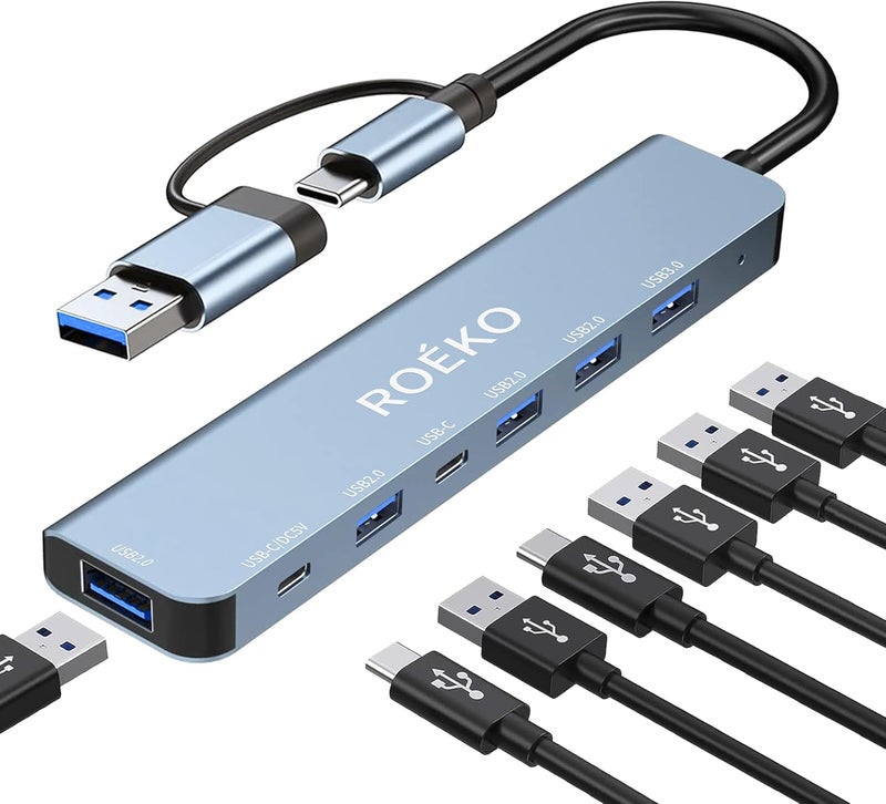 ROKO USB Hub 3.0,USB c hub,USB hub with Multiport Adapter, USB Splitter with 1xUSB 3.0,4xUSB2.0,2 x USB C,Hub for MacBook Pro/PC/Laptop/Tablet Devices (Grey 7in1) - Image 1